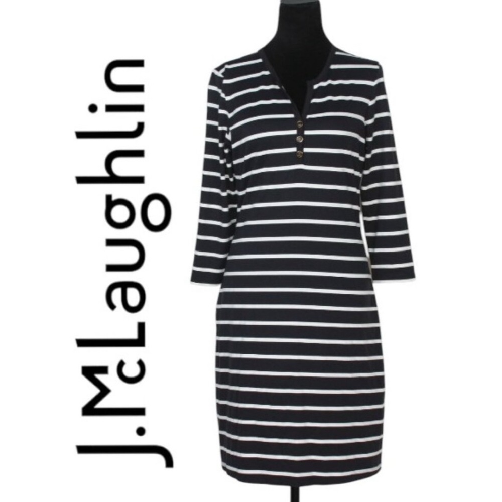 J.McLaughlin Navy Blue and White Striped Casual Midi Dress Size Medium.
